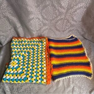 Vintage Unisex 70s Crochet Knit Baby Blanket Throw Handmade Crib Afghan Set